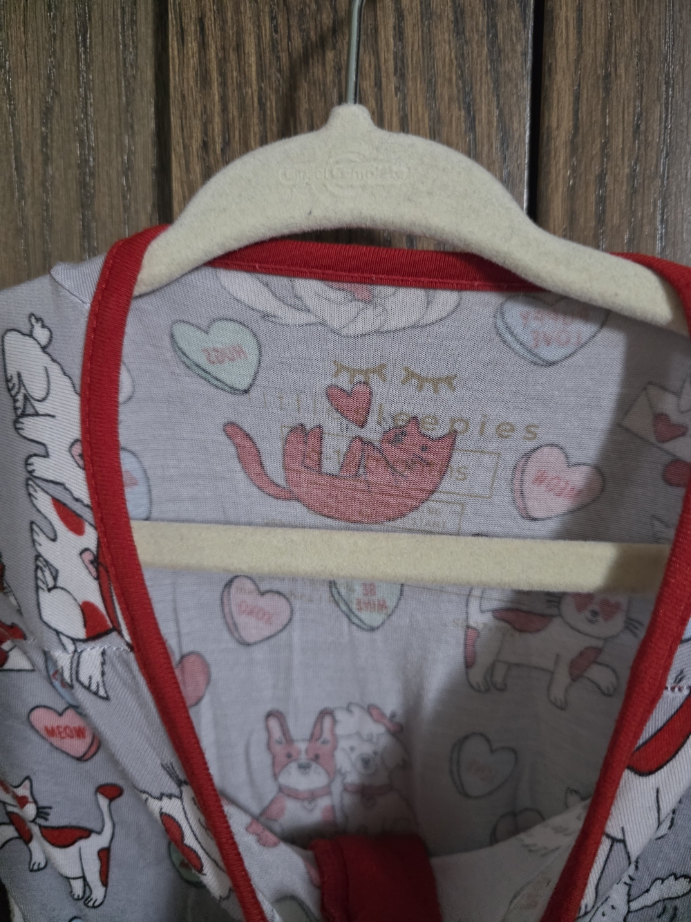 Red Trim Gray Puppy Print Kids One-Piece Pajamas - Picture 3 of 3